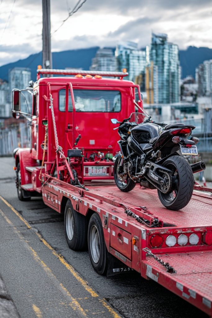 Flatbed tow truck transporting a sport motorcycle securely strapped with chocks