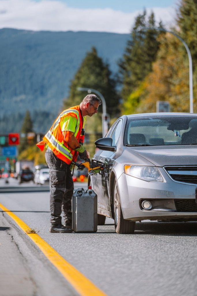 Fuel Delivery technician refilling a stranded silver sedan on a Vancouver highway