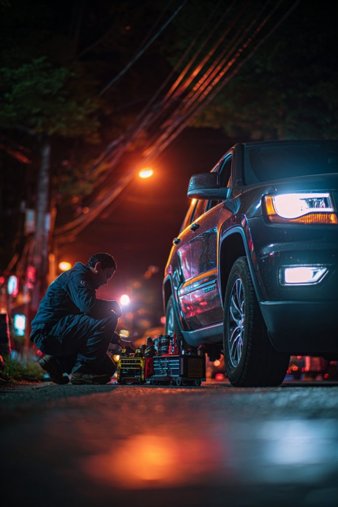 Tire Change technician replacing a flat tire on a silver sedan