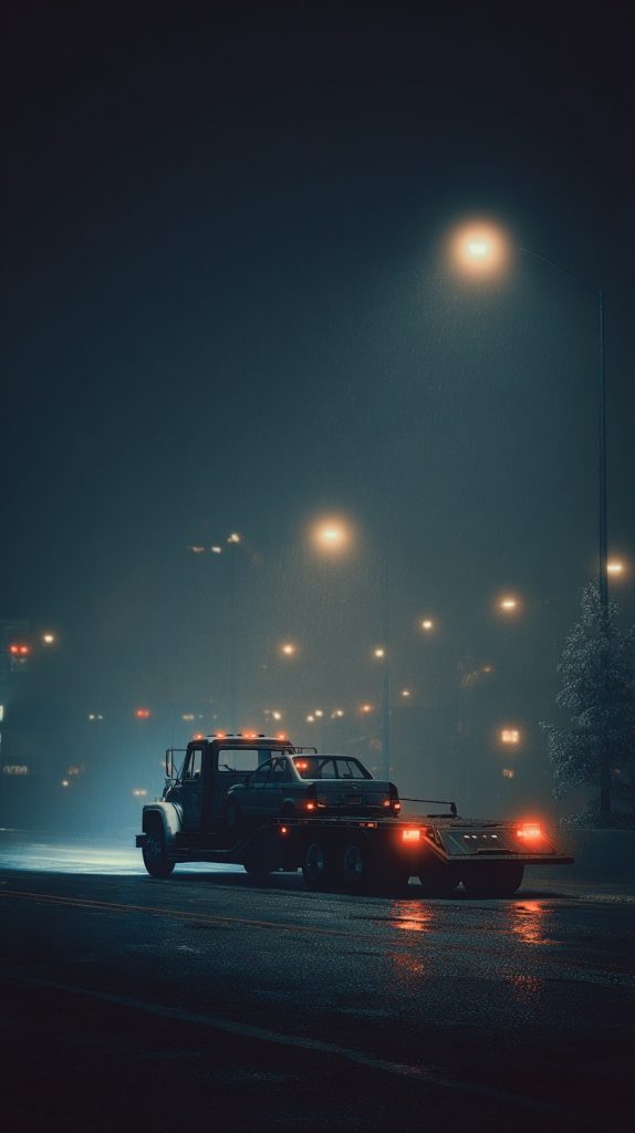 Flatbed tow truck loading a silver SUV