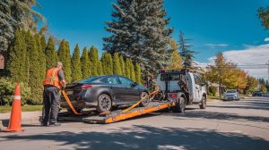 Tow truck loading a car in a Canadian neighborhood showing real tow truck cost and professional roadside service.